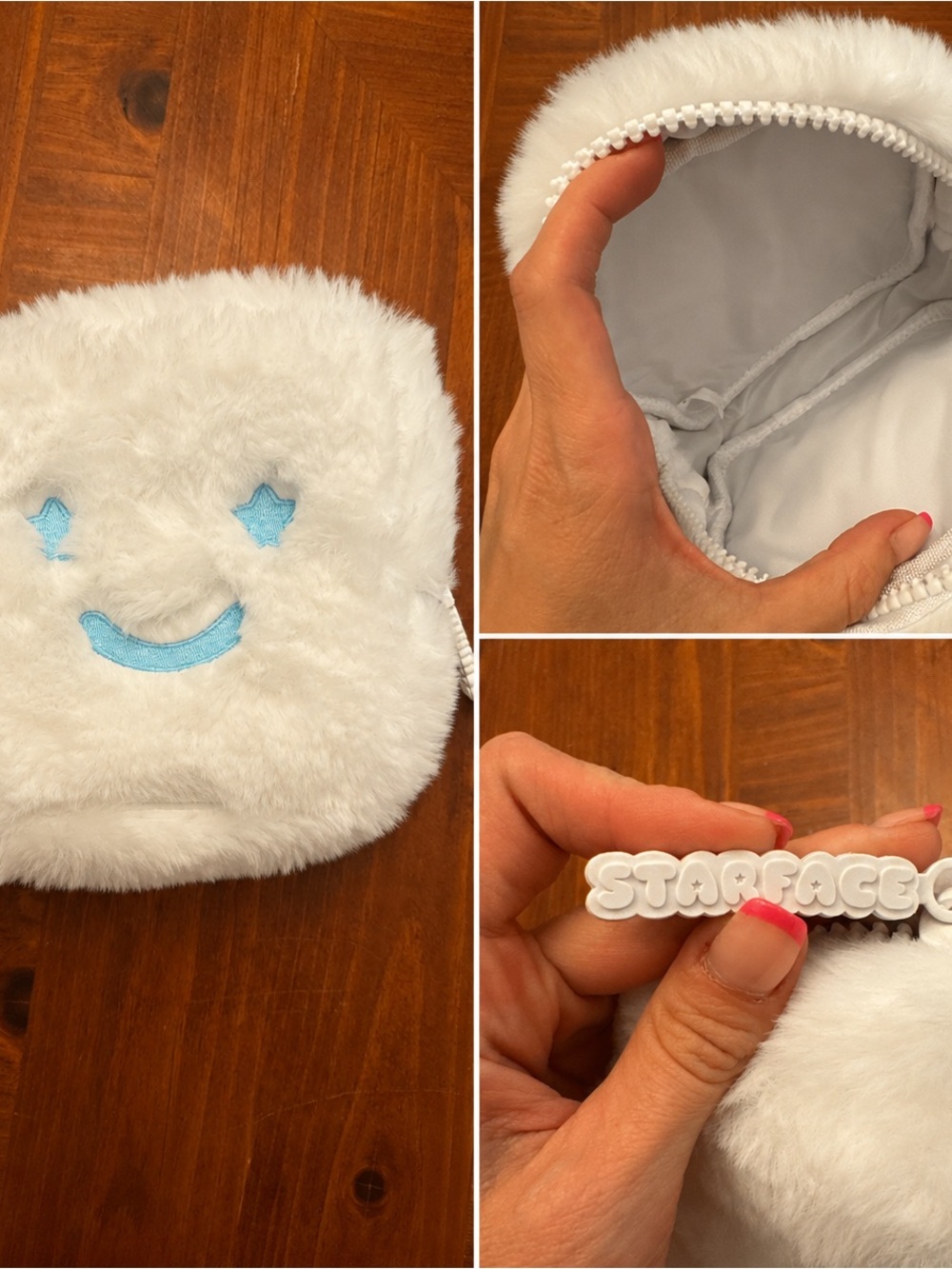 Starface Kids White Fuzzy Pouch with Blue Embroidered Face